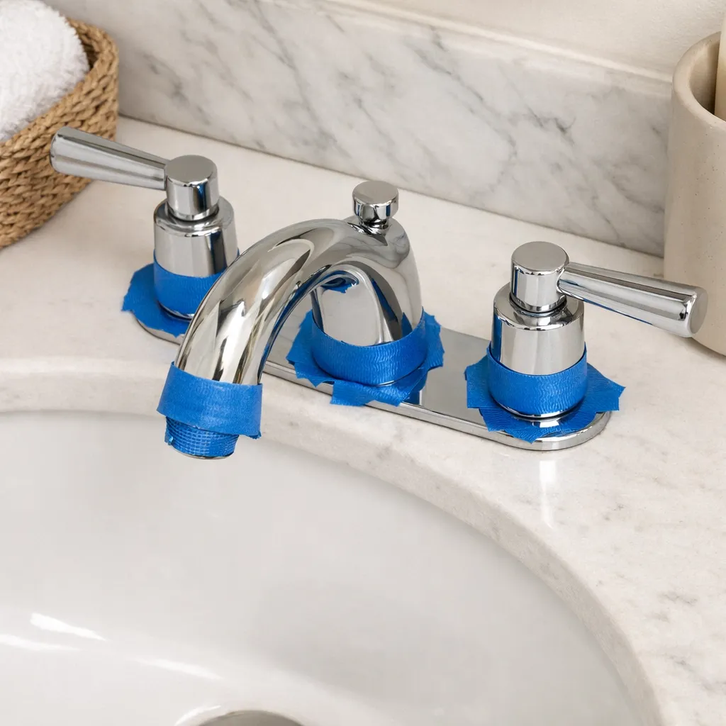 Close-up overhead photo of a dry two-handle bathroom faucet with labeled leak zones implied by neatly placed blue painter’s tape at the spout, handles, base, and aerator, with no text or people