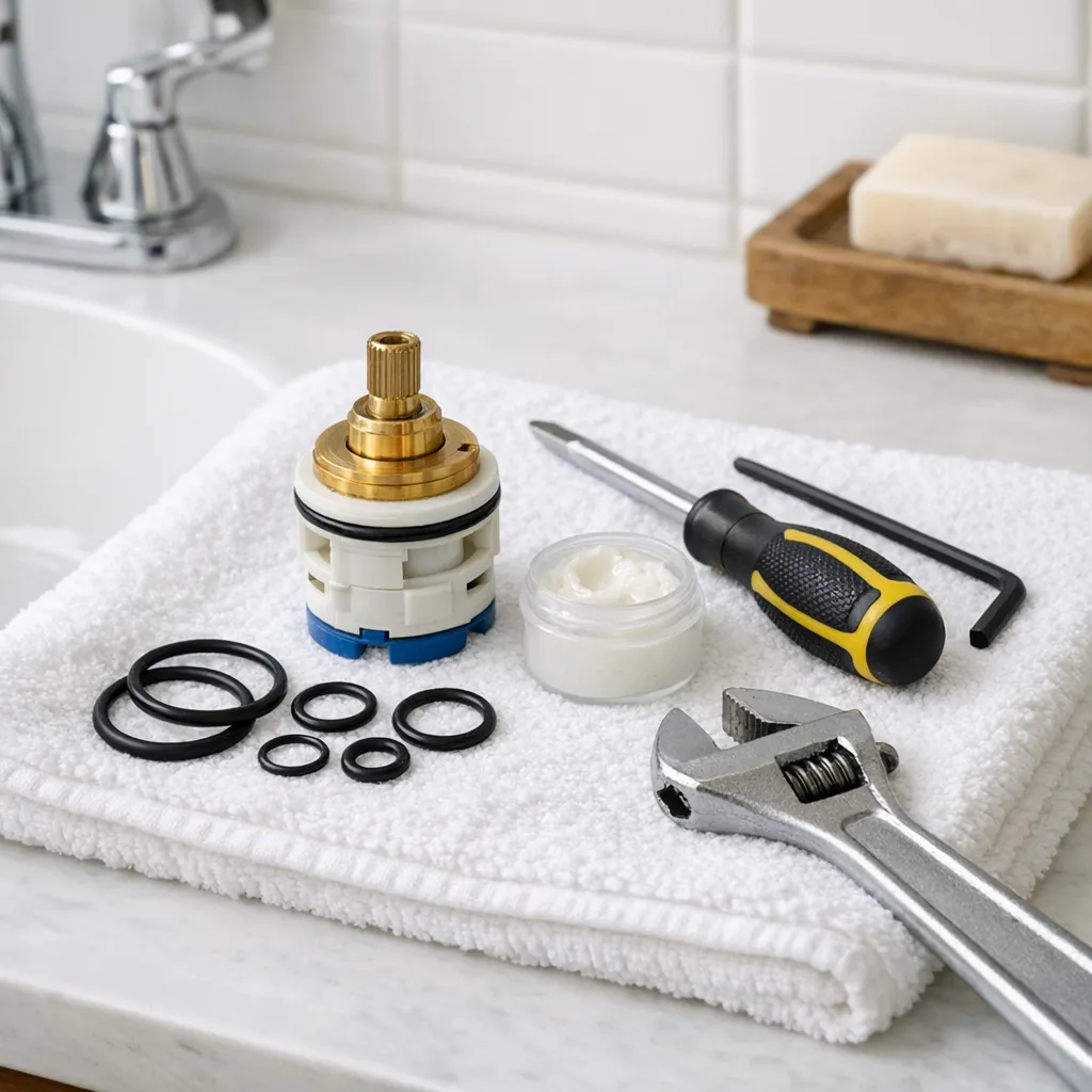 Object-focused photo of a bathroom faucet cartridge, replacement O-rings, silicone plumber’s grease, screwdriver, hex key, and adjustable wrench arranged on a clean white towel beside a sink, no hands