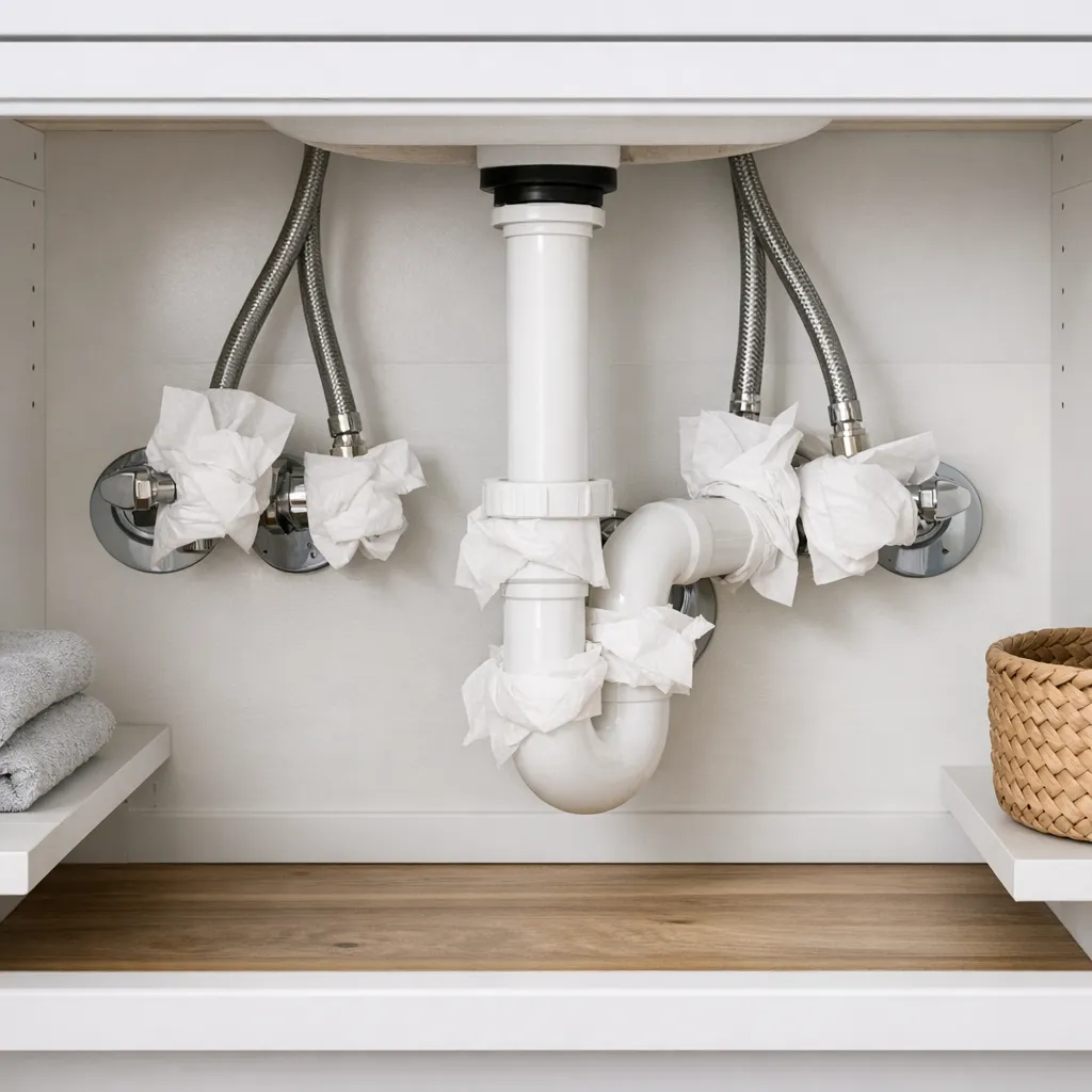 Wide interior photo of an empty bathroom vanity cabinet with dry white tissues wrapped around shutoff valves, braided supply lines, tailpiece, and P-trap to isolate a leak, no people, text, or logos