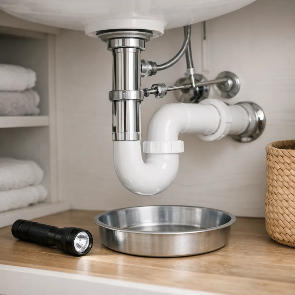 Close-up low-angle photo beneath a bathroom sink showing a chrome drain tailpiece, pop-up pivot rod, white P-trap, flashlight, and shallow catch pan on a dry cabinet floor, no hands or text