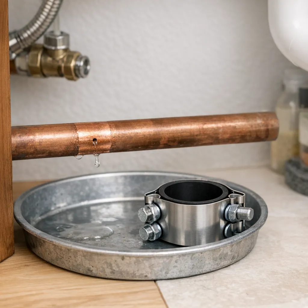 Close-up of an accessible copper pipe pinhole above a catch pan, with the water shut off and a correctly sized gasketed repair clamp laid beside the cleaned pipe