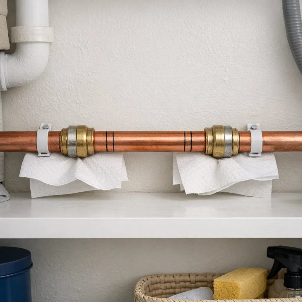 Straight-on utility-room view of a new short copper replacement section with two flame-free fittings, insertion-depth marks, pipe supports, and dry paper towels beneath both joints