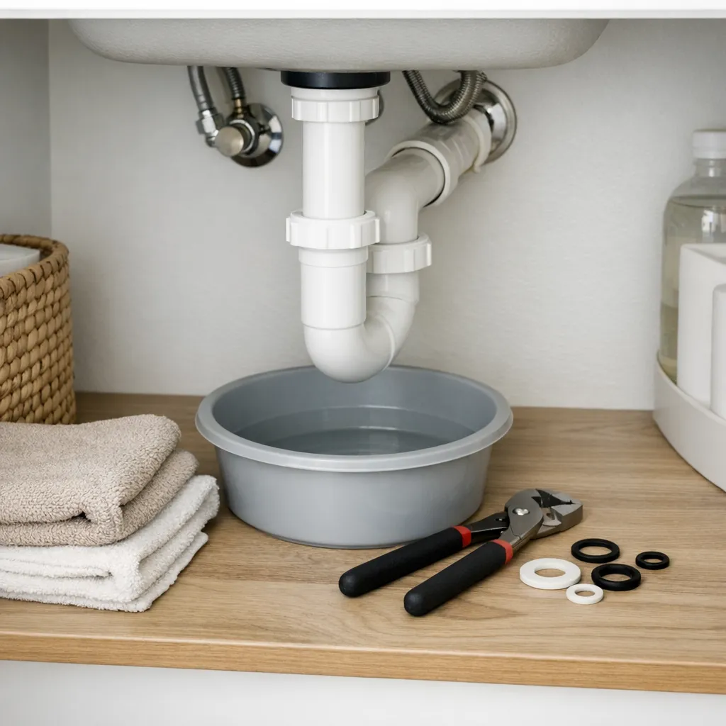 IMAGE: Straight-on object-focused view inside a dry kitchen sink cabinet showing a white P-trap above a bucket, with slip nuts and washers neatly laid on a towel