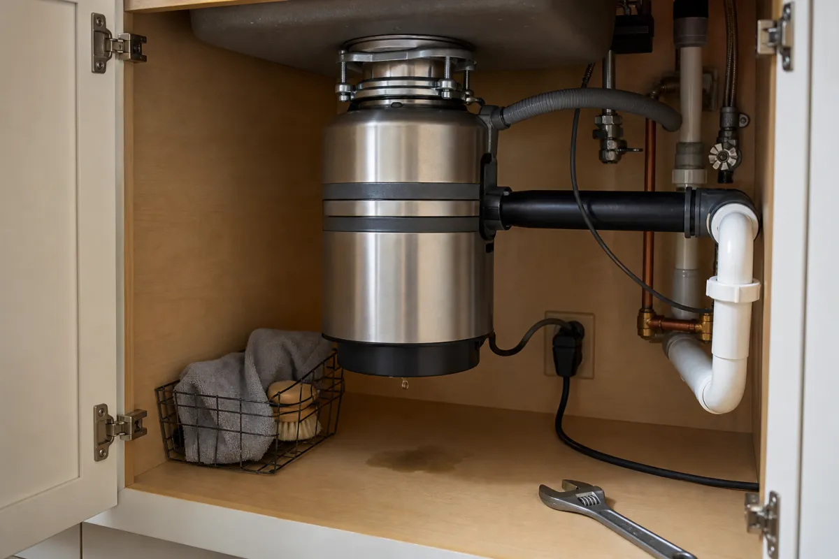 What a Bottom Leak on Your Garbage Disposal Usually Means (and What to Do) (San Antonio Hard Water Damage)